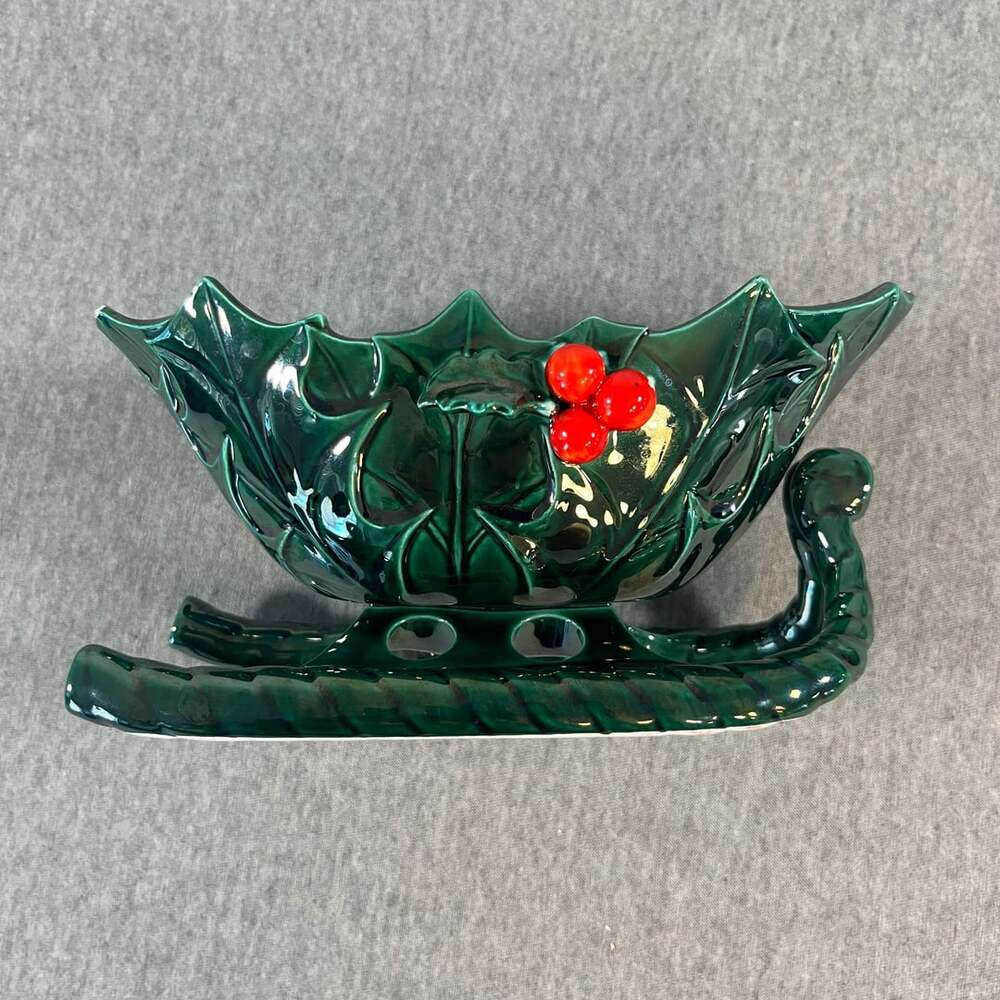 Vintage Lefton Green Ceramic Holly Berry Christmas Sleigh Candy Dish Planter